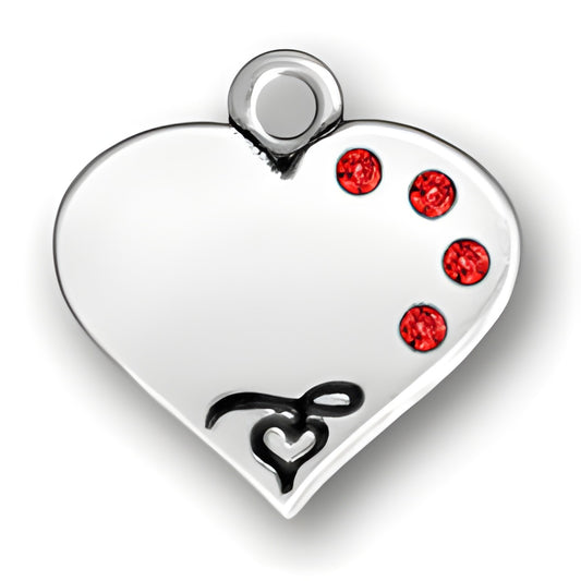 Charm Factory Heart with Red Crystals, silver metal charm featuring three red crystals and a decorative design.
