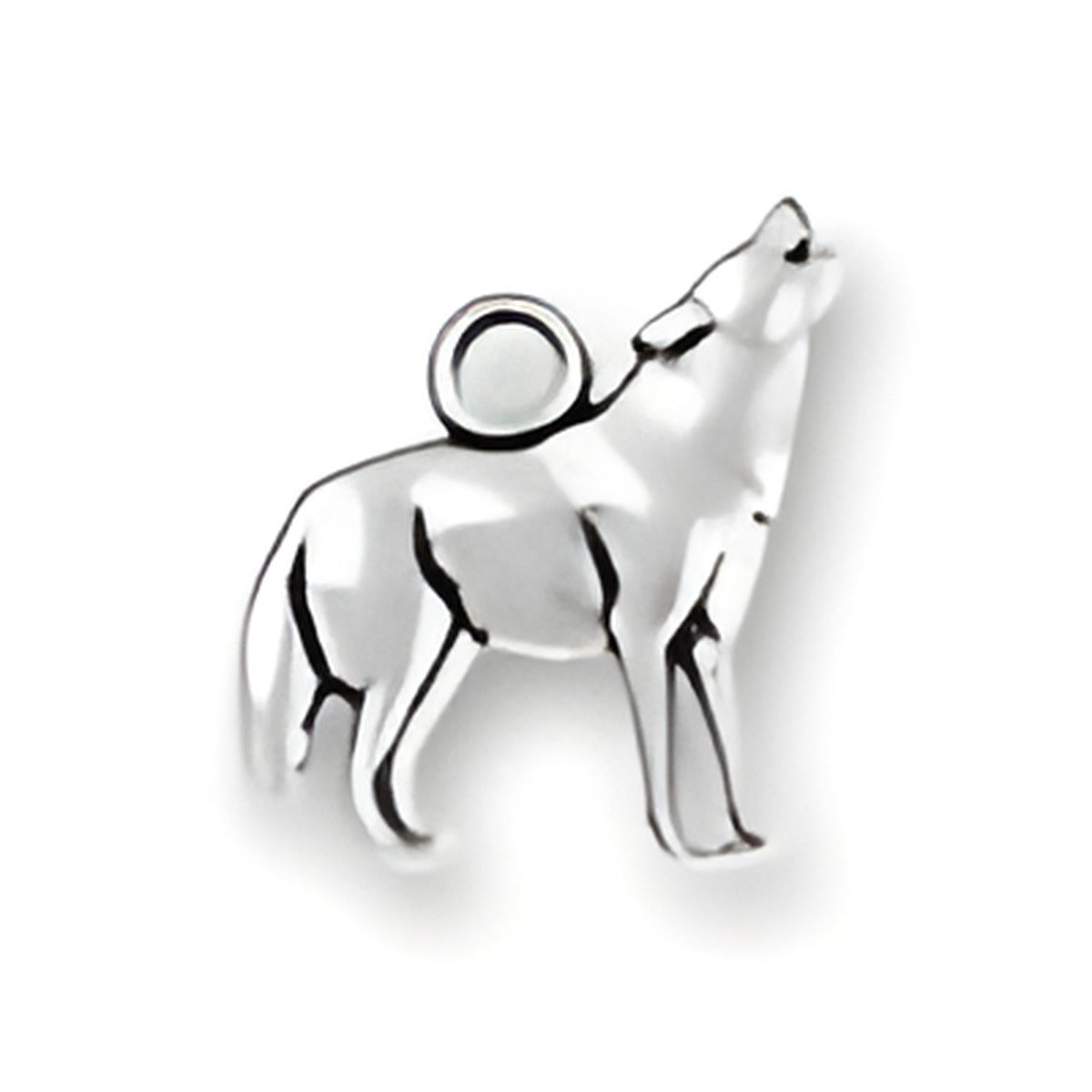 Howling Wolf Charm by Charm Factory, crafted from shiny silver metal, depicting a wolf howling.