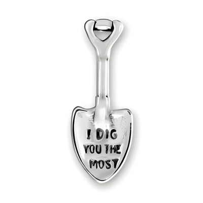 I Dig You The Most shovel charm made of sterling silver, featuring engraved text on the shovel's blade.