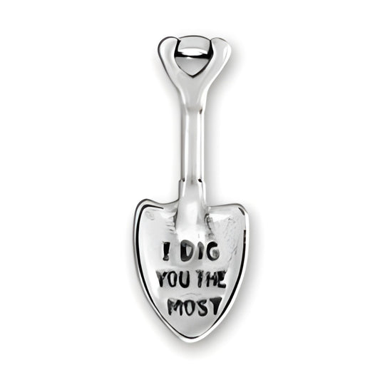 I Dig You The Most shovel charm made of sterling silver, featuring engraved text on the shovel's blade.