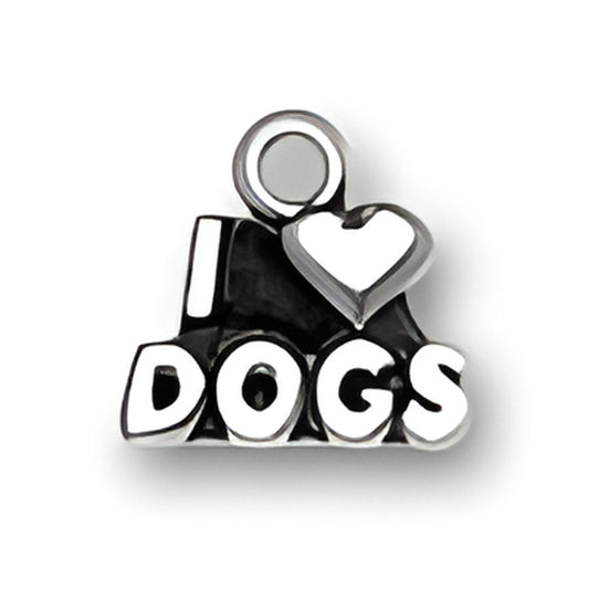 Charm Factory I Heart Dogs Charm made of silver-tone metal, featuring the words 'I Love Dogs' in bold letters.