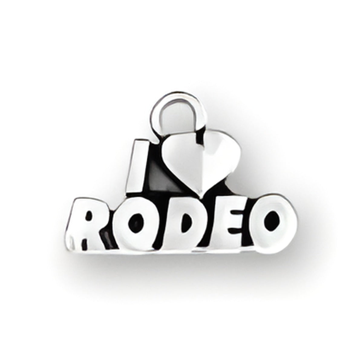 I Heart Rodeo Charm made of sterling silver, featuring bold lettering with a heart symbol.