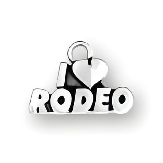 I Heart Rodeo Charm made of sterling silver, featuring bold lettering with a heart symbol.