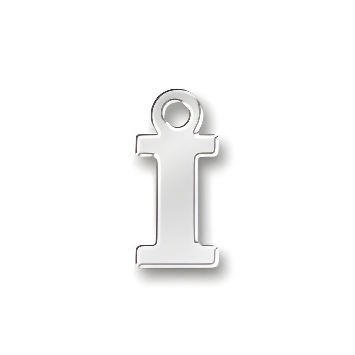 Sterling silver 'I' letter charm from Charm Factory, featuring a polished finish and a circular loop for attachment.