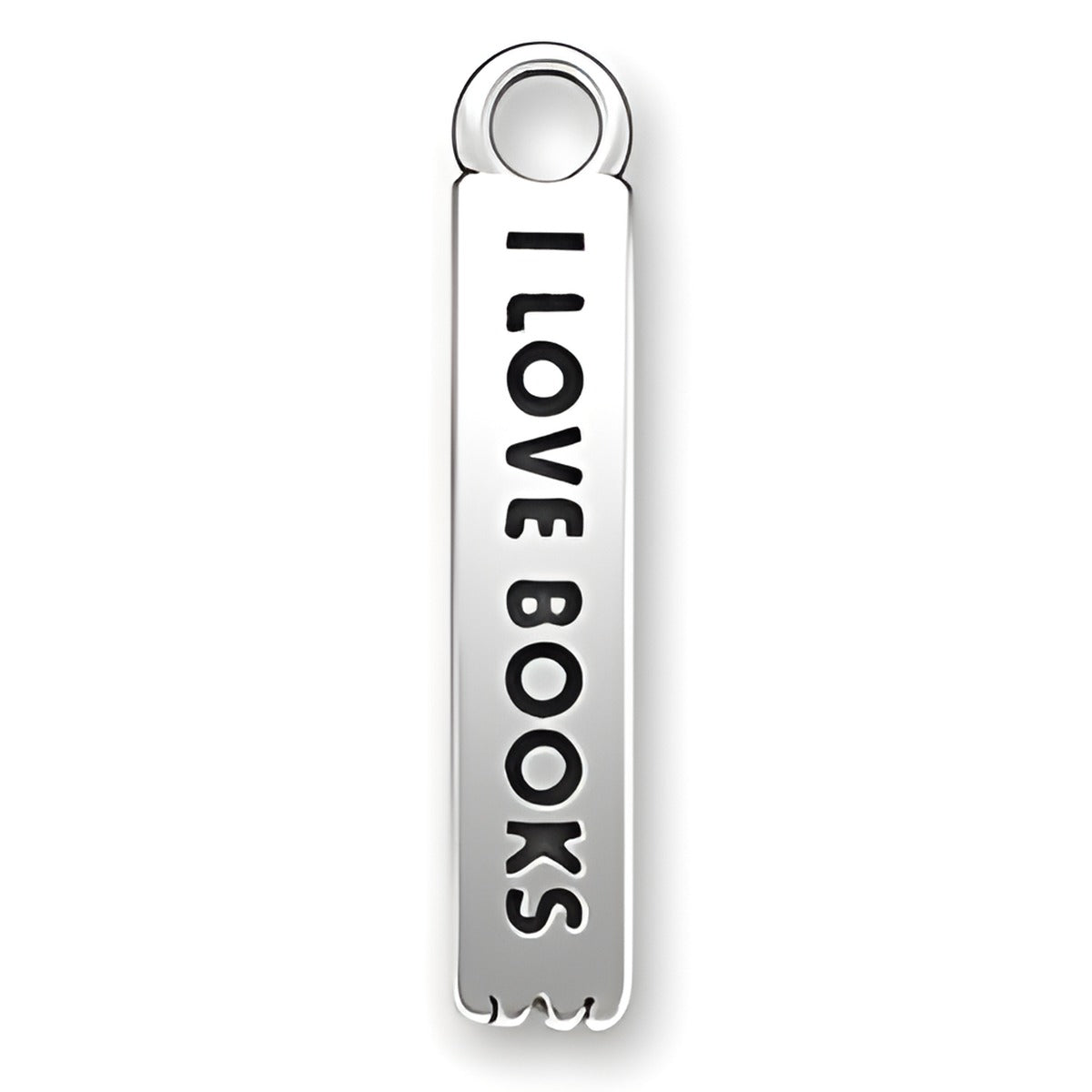 Charm Factory I Love Books Bookmark Charm, made of polished silver with engraved text 'I LOVE BOOKS'.