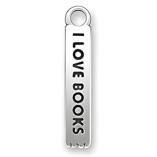 Charm Factory I Love Books Bookmark Charm, made of polished silver with engraved text 'I LOVE BOOKS'.