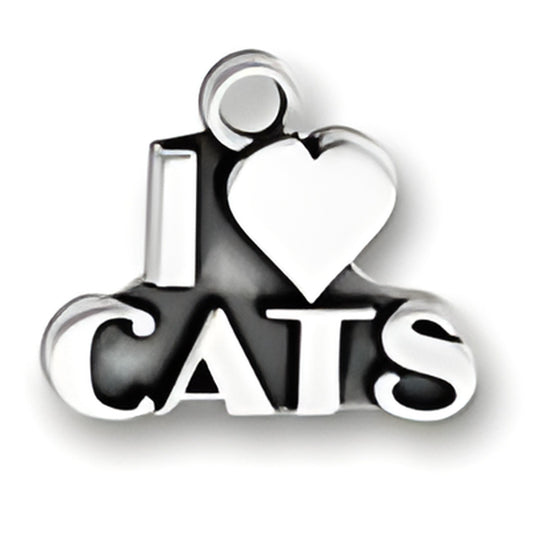 Charm Factory I Love Cats Charm made of silver, featuring the phrase 'I love cats' with a heart design.