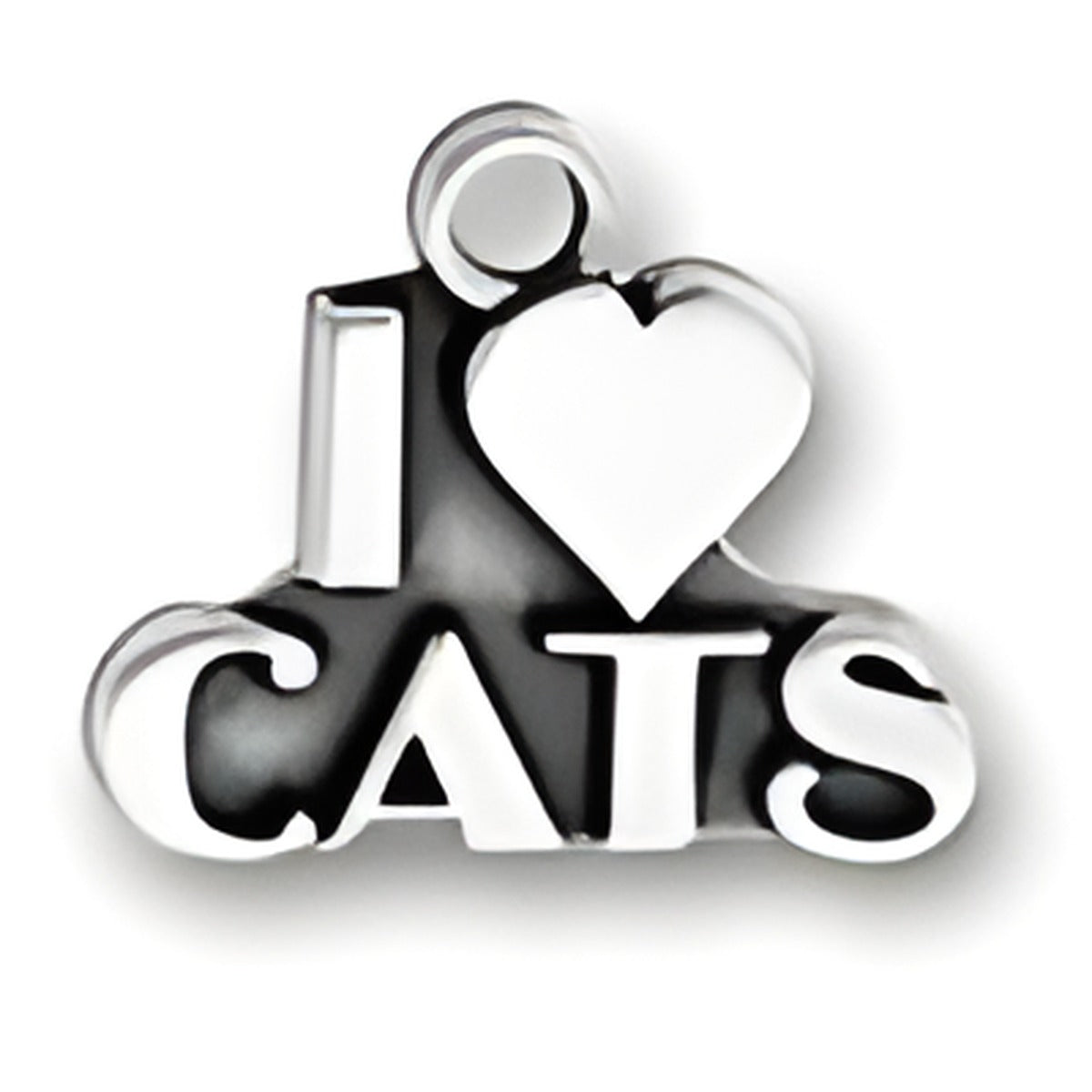 Charm Factory I Love Cats Charm made of silver, featuring the phrase 'I love cats' with a heart design.