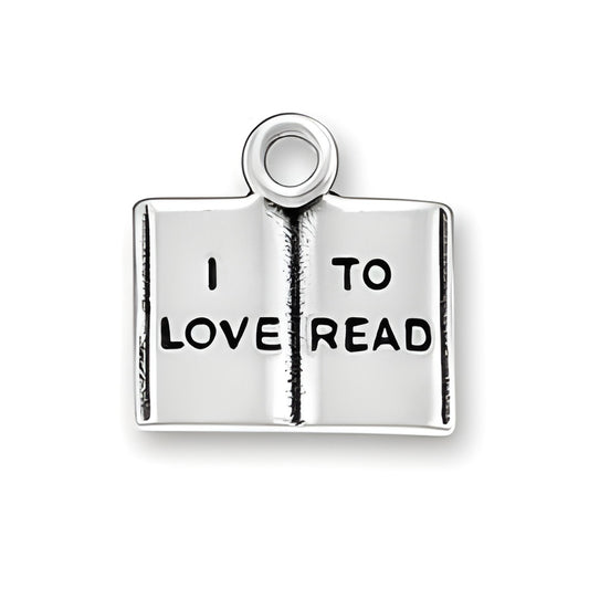 Charm Factory I Love to Read Charm, made of silver, features an open book design with the words 'I LOVE TO READ' engraved.