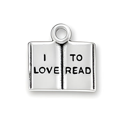 Charm Factory I Love to Read Charm, made of silver, features an open book design with the words 'I LOVE TO READ' engraved.