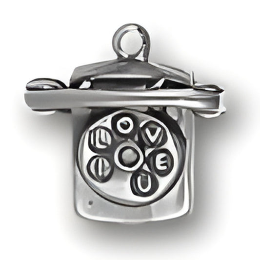 I Love U Phone Charm made of sterling silver, featuring a vintage phone design with the word 'LOVE' on the dial.