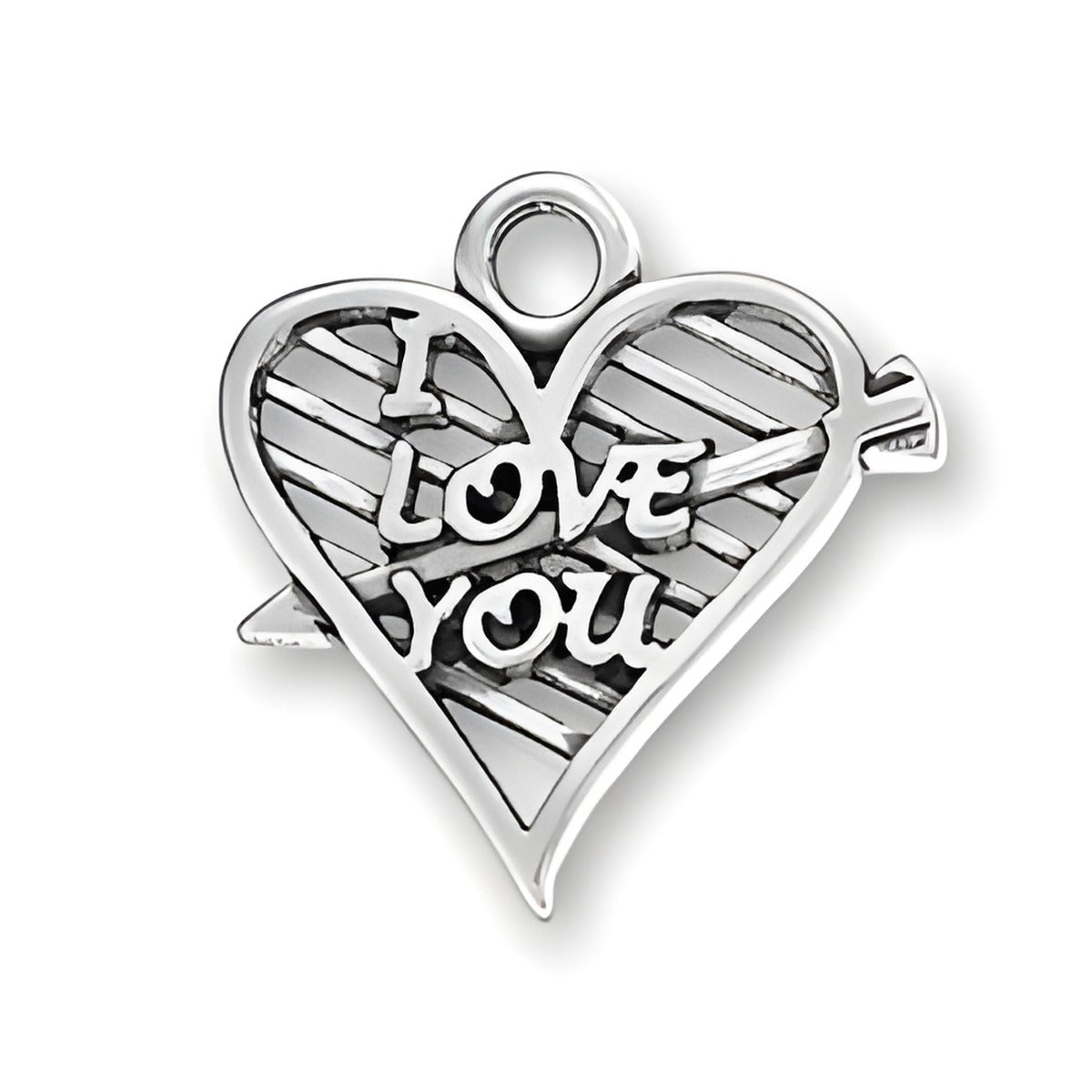 Sterling silver I Love You charm in a heart shape with an arrow, featuring cut-out lettering and striped design.