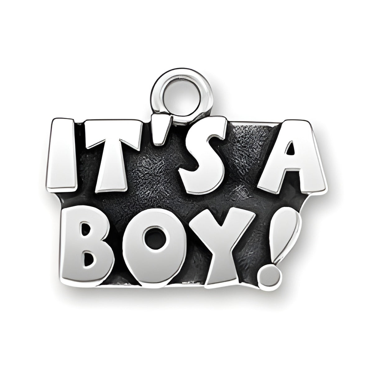 Charm Factory It's a Boy! charm made of silver-tone metal, featuring bold, playful lettering on a textured background.