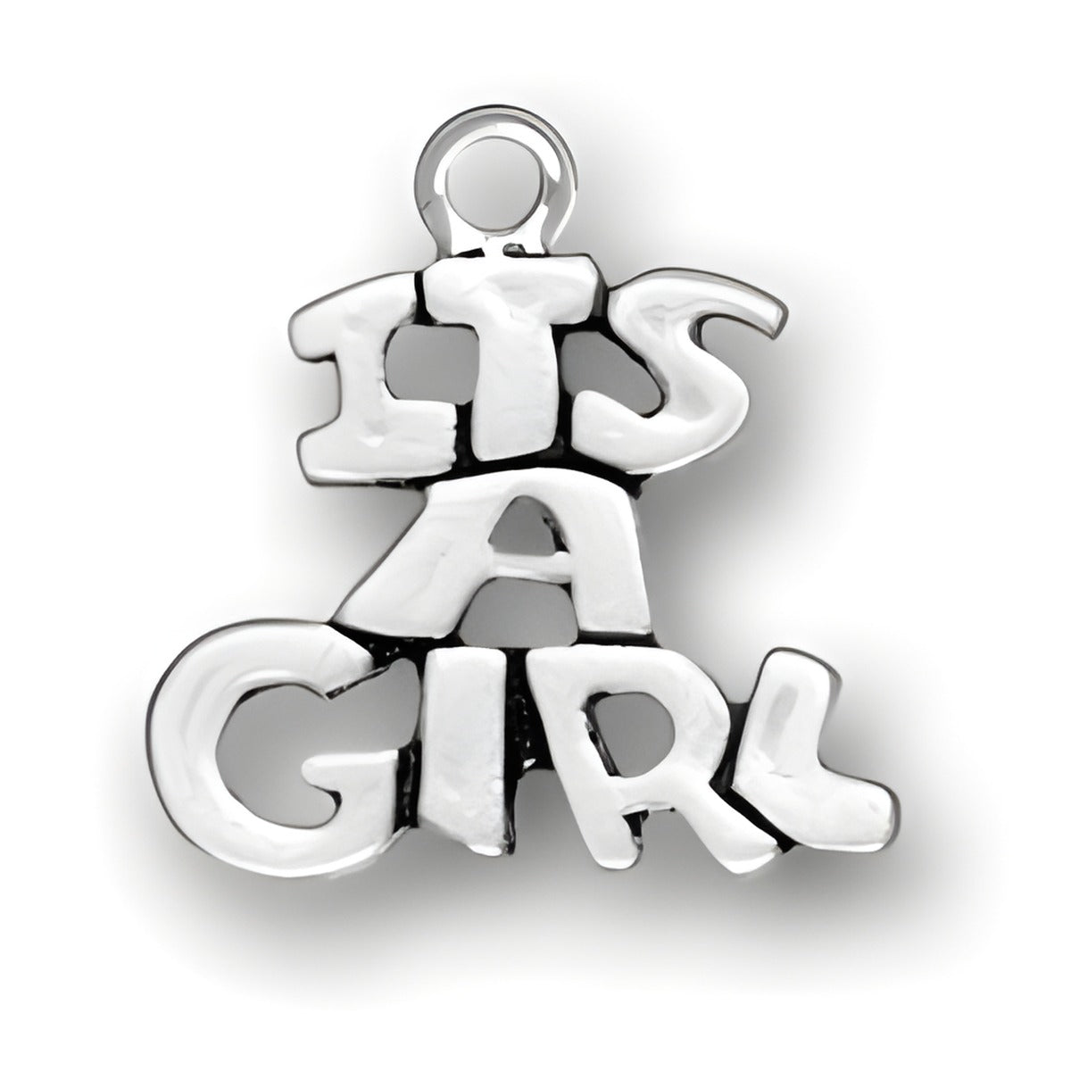 Charm Factory It's a Girl Charm made of polished silver, featuring playful, bold lettering in a whimsical design.