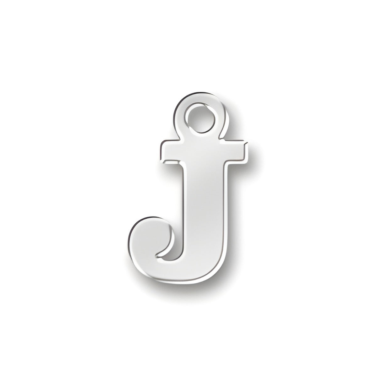 Sterling silver J letter charm with a decorative swirl at the bottom and a loop for attachment.