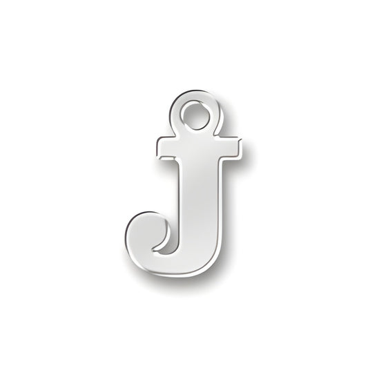 Sterling silver J letter charm with a decorative swirl at the bottom and a loop for attachment.