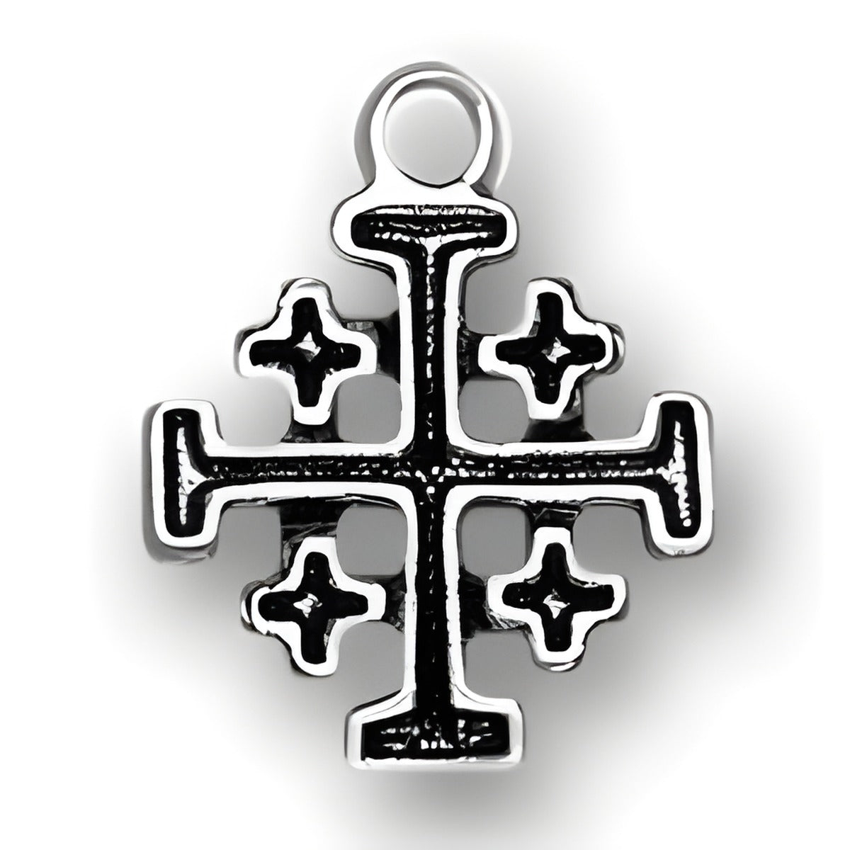 Jerusalem Cross Charm made of sterling silver, featuring a central cross with smaller crosses at each quadrant.