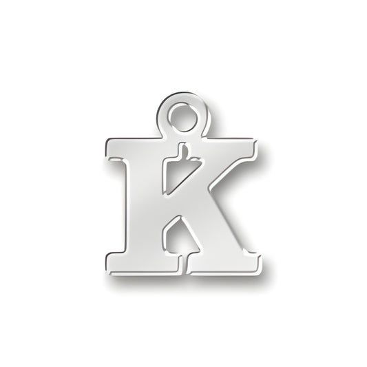 Sterling silver charm in the shape of the letter 'K', featuring a polished finish and a loop for attachment.