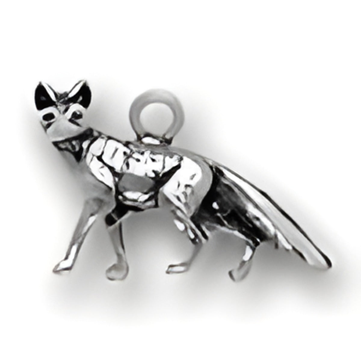 Kit Fox Charm made of sterling silver, featuring a detailed fox design with a loop for attachment.