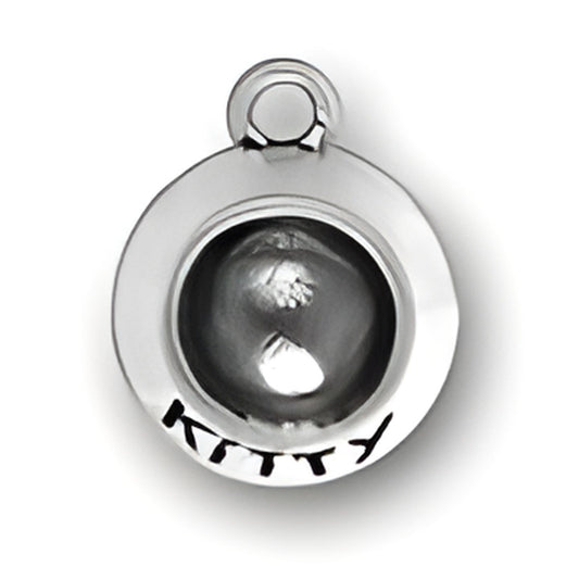 Kitty Dish Charm by Charm Factory, made of silver, featuring a round design with 'KITTY' engraved.