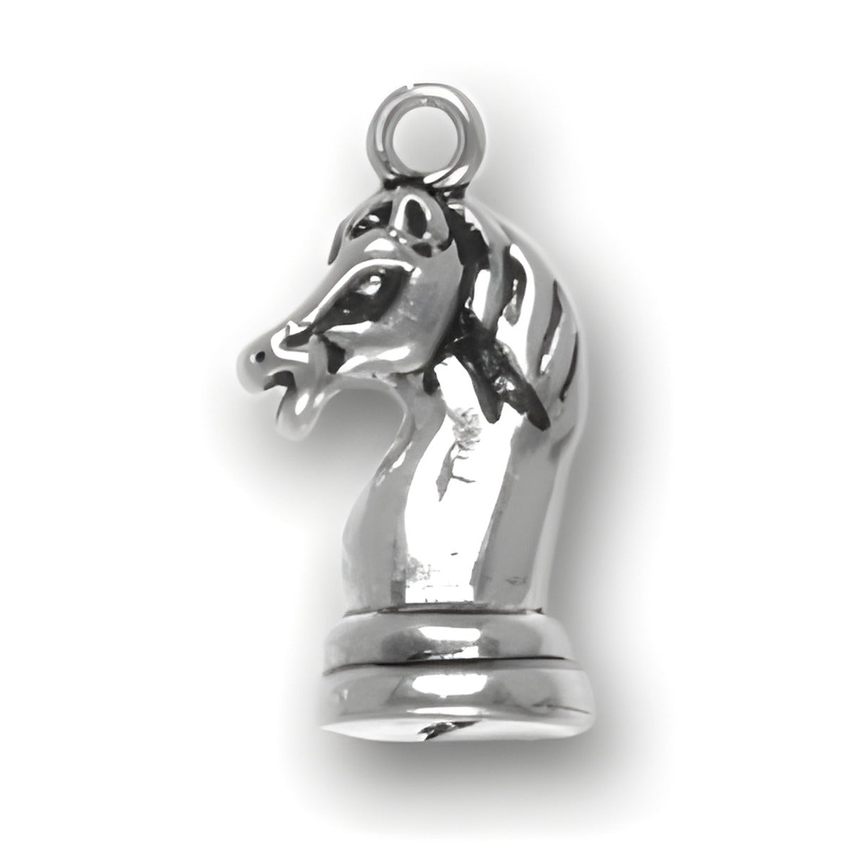 Charm Factory Knight Chess Piece Charm made of polished silver, featuring a detailed horse head design.