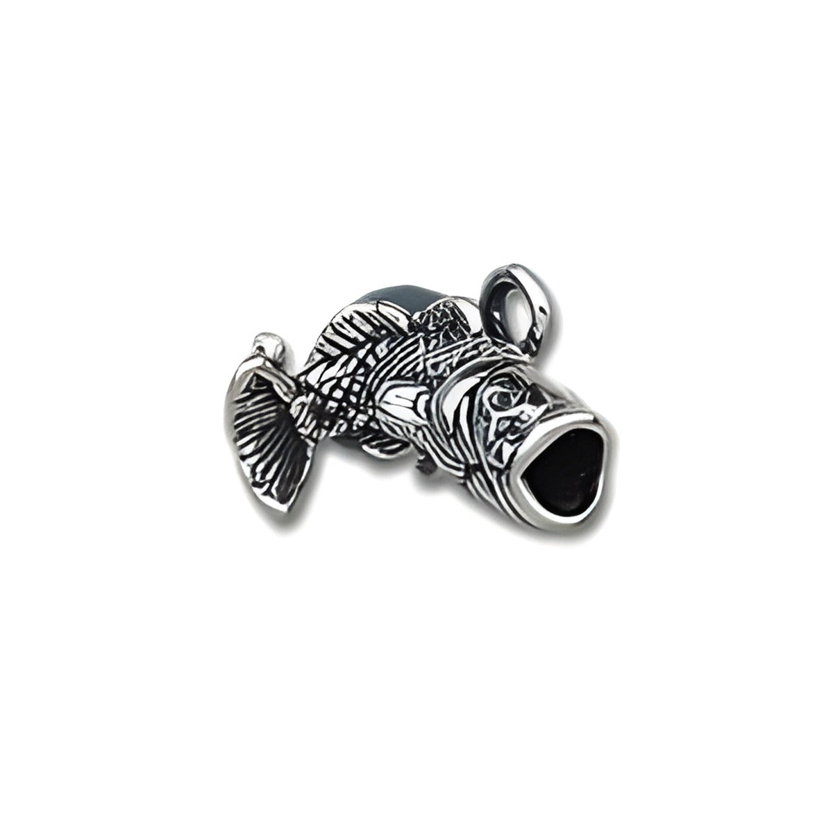 Large Mouth Bass Charm made of silver-tone metal, featuring intricate detailing and a realistic design.