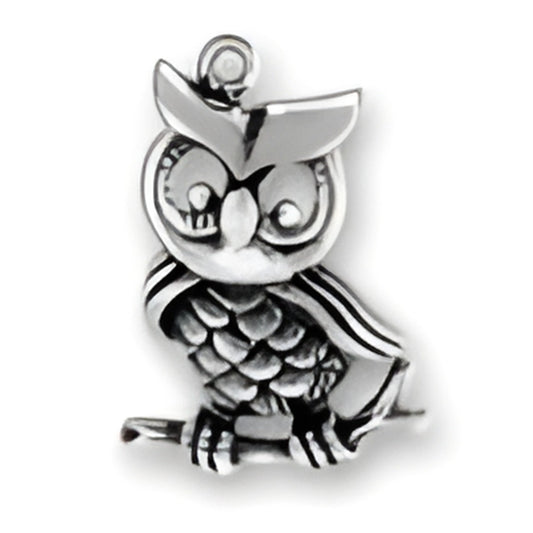 Large Owl Charm made of sterling silver, featuring detailed engravings and a perched design.