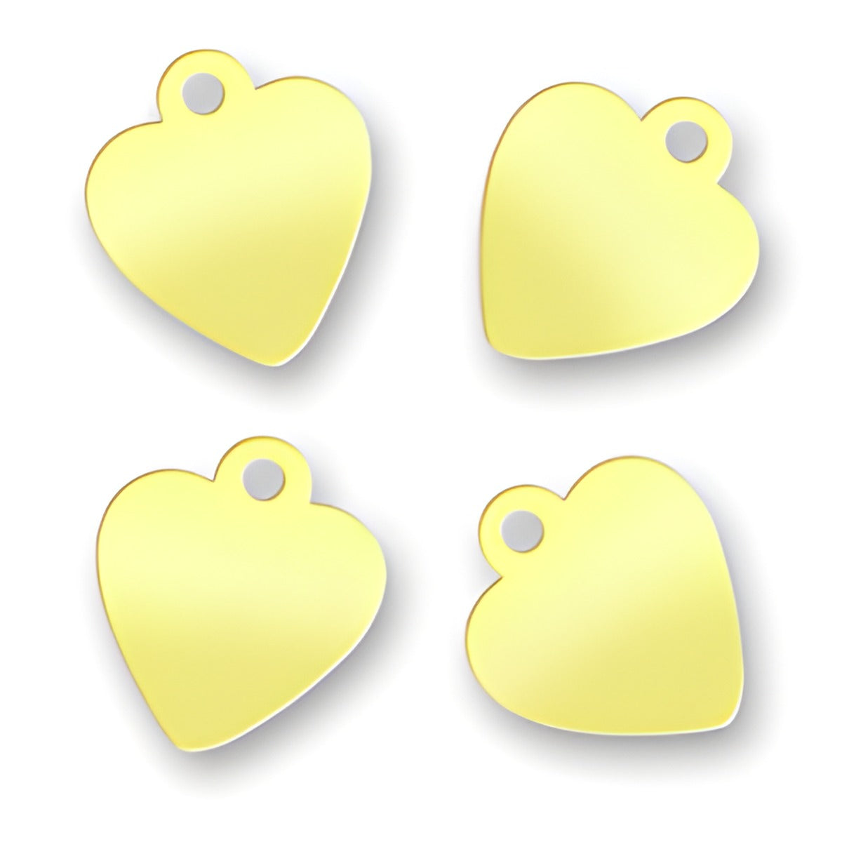 Charm Factory Laser Engraved Brass Jewelry Tags in heart shape, measuring 9.2mm x 10.5mm, set of four.