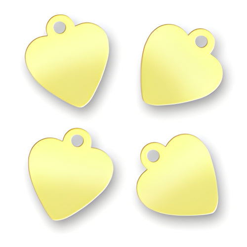 Charm Factory Laser Engraved Brass Jewelry Tags in heart shape, measuring 9.2mm x 10.5mm, set of four.