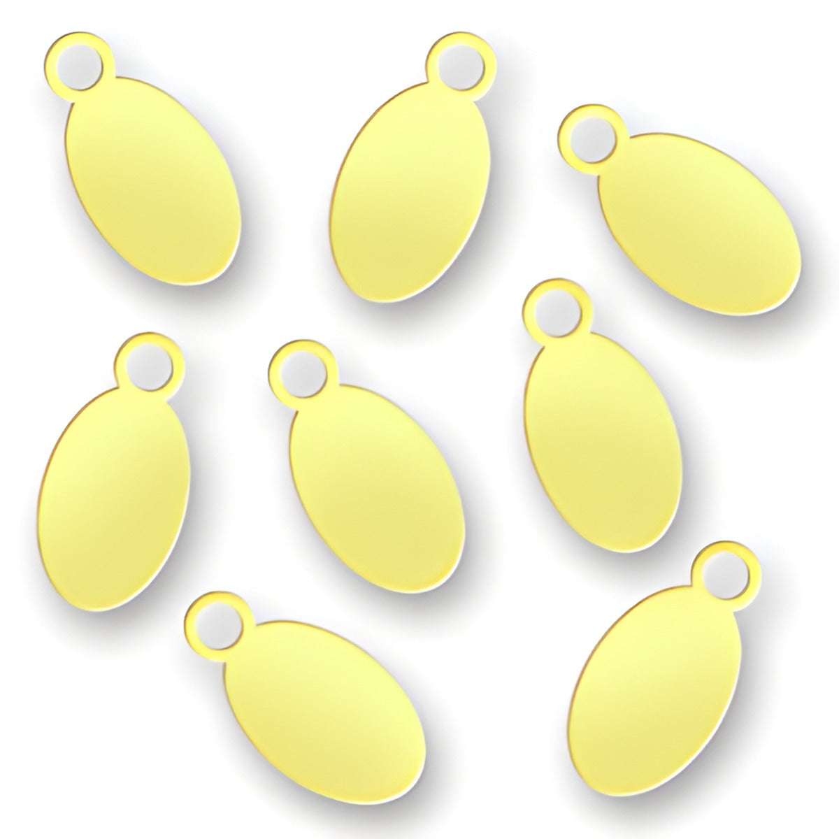Charm Factory Laser Engraved Brass Jewelry Tags, oval shape, measuring 4.5mm x 9mm, in a set of ten.