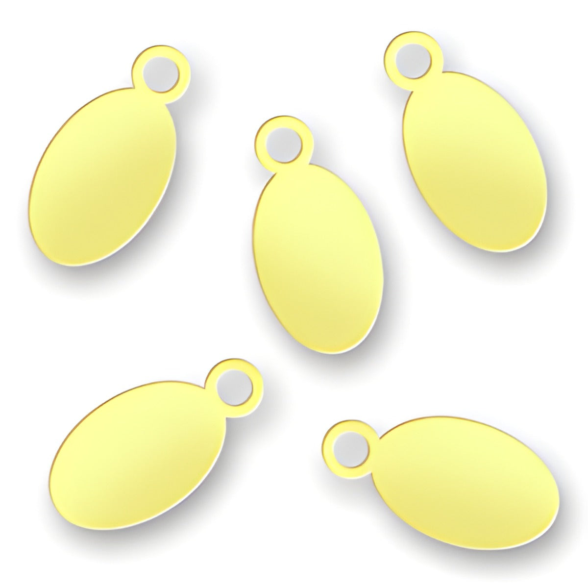 Charm Factory Laser Engraved Brass Jewelry Tags, oval shape, dimensions 5.5mm x 11mm, set of six.