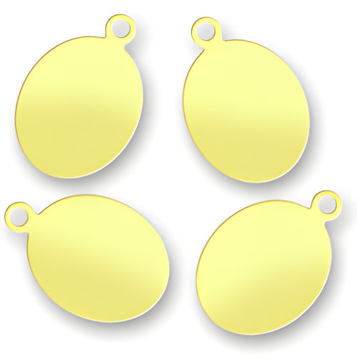 Charm Factory Laser Engraved Brass Jewelry Tags, oval shape, dimensions 8.8mm x 13mm, shiny gold finish, four pieces.