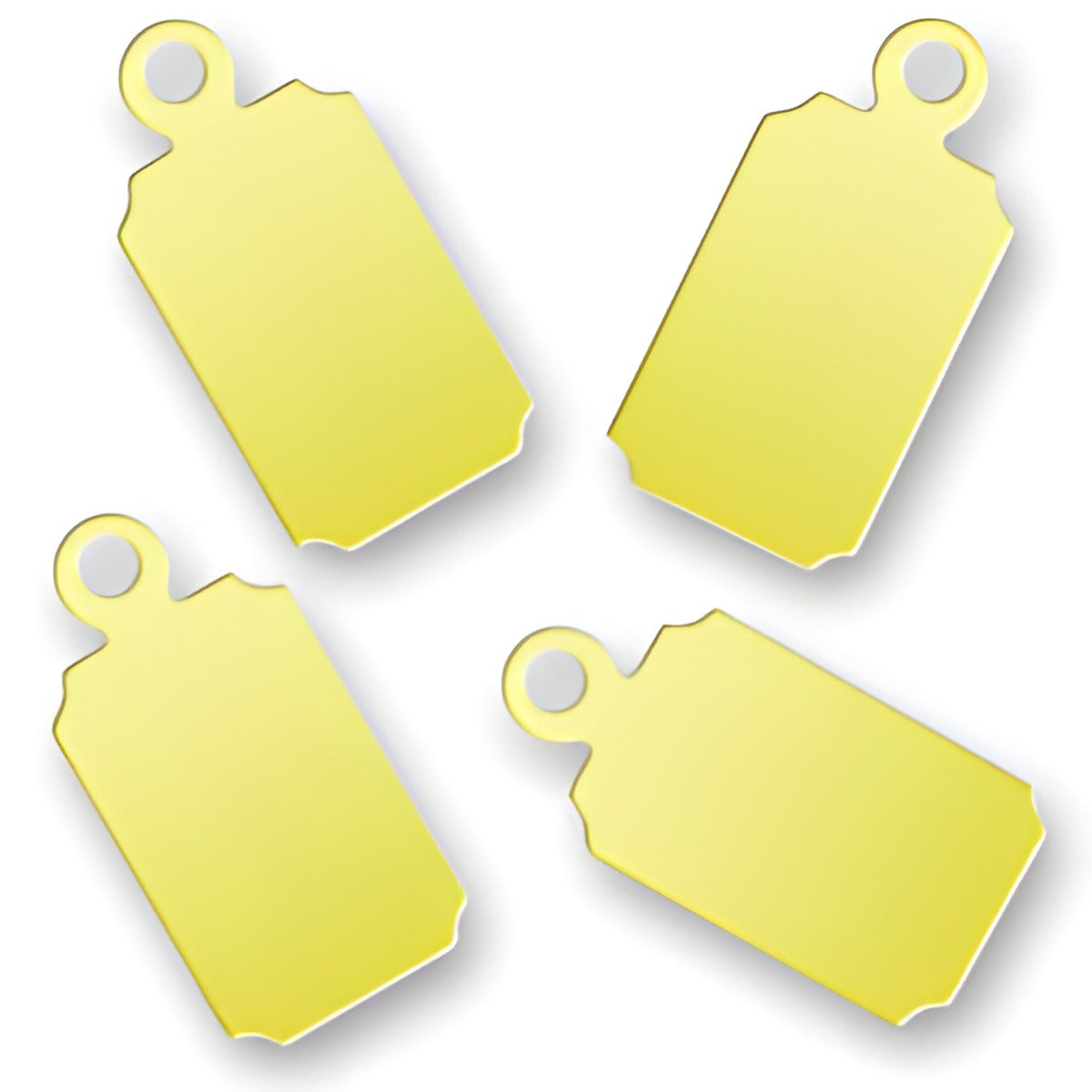 Charm Factory Laser Engraved Brass Jewelry Tags, rectangular shape, dimensions 6.7mm x 13.7mm, shiny gold finish.