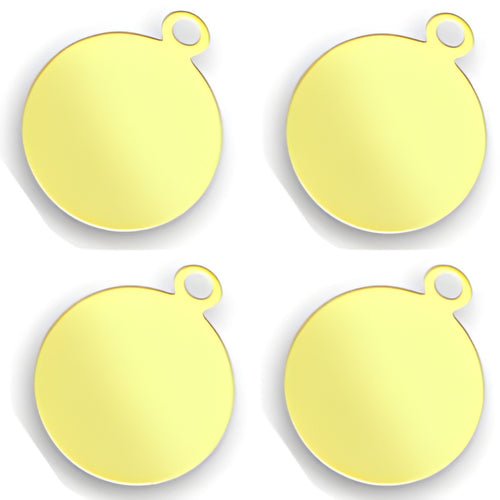 Charm Factory Laser Engraved Brass Jewelry Tags, round shape, 10mm size, featuring a small loop for attachment.