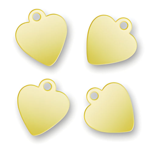 Charm Factory Laser Engraved Gold Plated Jewelry Tags in heart shape, measuring 9.2mm x 10.5mm.