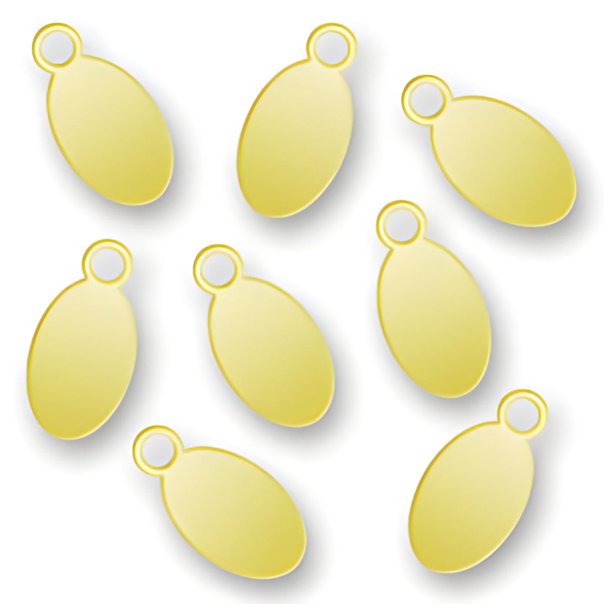 Charm Factory Laser Engraved Gold Plated Jewelry Tags, oval shape, dimensions 4.5mm x 9mm, shiny gold finish.