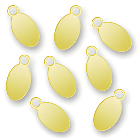 Charm Factory Laser Engraved Gold Plated Jewelry Tags, oval shape, dimensions 4.5mm x 9mm, shiny gold finish.