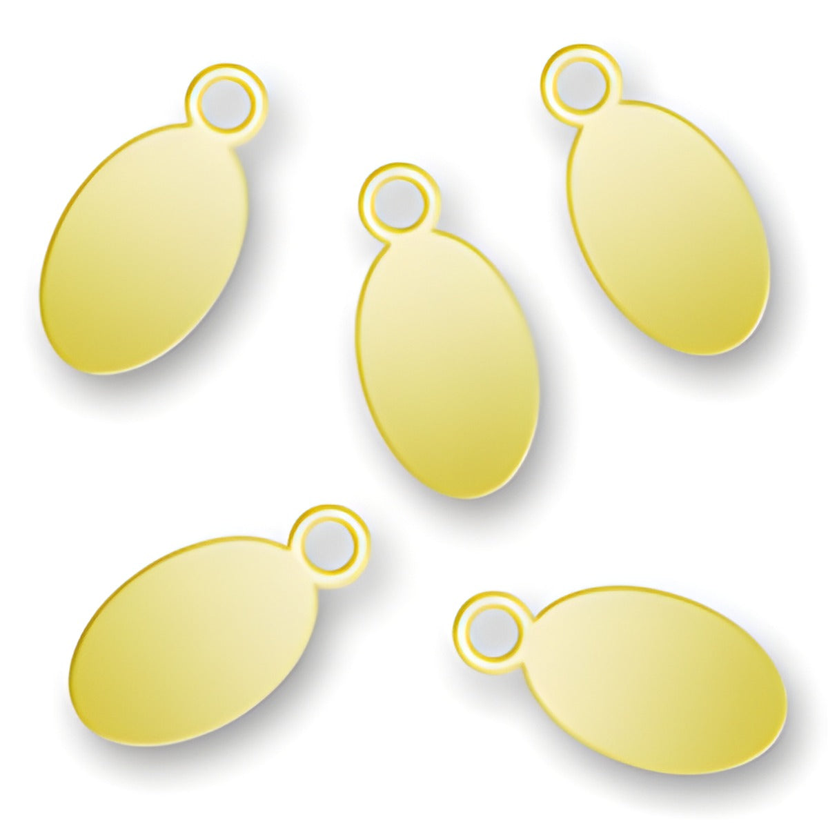 Charm Factory Laser Engraved Gold Plated Jewelry Tags, oval shape, dimensions 5.5mm x 11mm, set of five.