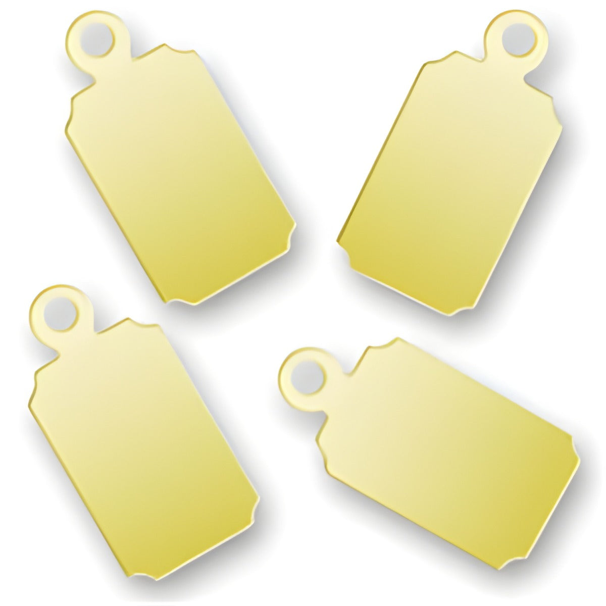 Charm Factory Laser Engraved Gold Plated Jewelry Tags, Rectangle shape, dimensions 6.7mm x 13.7mm, set of four.