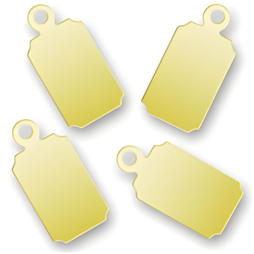 Charm Factory Laser Engraved Gold Plated Jewelry Tags, Rectangle shape, dimensions 6.7mm x 13.7mm, set of four.