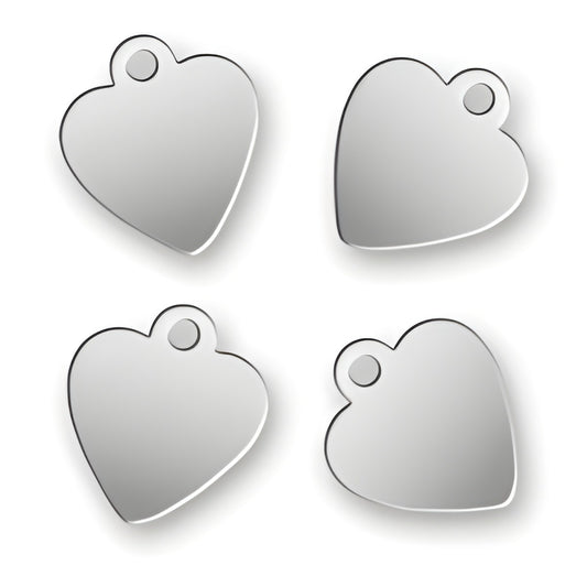 Charm Factory Laser Engraved Silver Plated Jewelry Tags in heart shape, measuring 9.2mm x 10.5mm, four pieces.