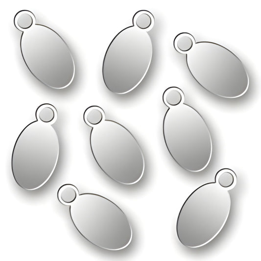 Charm Factory Laser Engraved Silver Plated Jewelry Tags, oval shape, dimensions 4.5mm x 9mm, shiny silver finish.