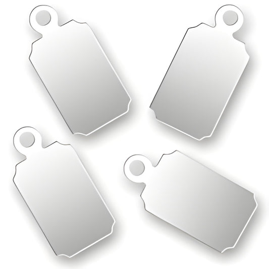 Charm Factory Laser Engraved Sterling Silver Jewelry Tags, Rectangle shape, dimensions 6.7mm x 13.7mm, polished finish.