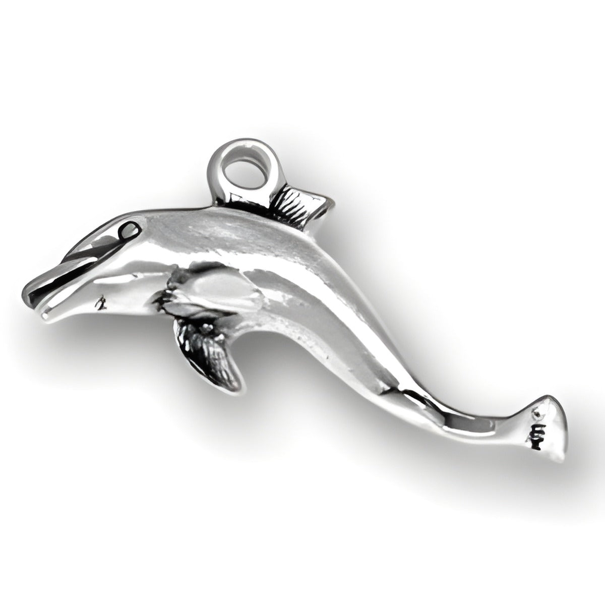 Charm Factory Laughing Dolphin Charm made of polished silver, featuring a playful dolphin design with detailed fins.