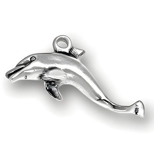 Charm Factory Laughing Dolphin Charm made of polished silver, featuring a playful dolphin design with detailed fins.