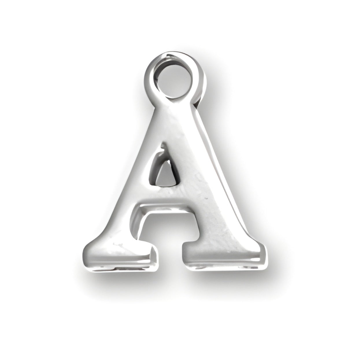 Sterling silver letter A charm, featuring a polished finish and a loop for attachment, designed for charm jewelry.