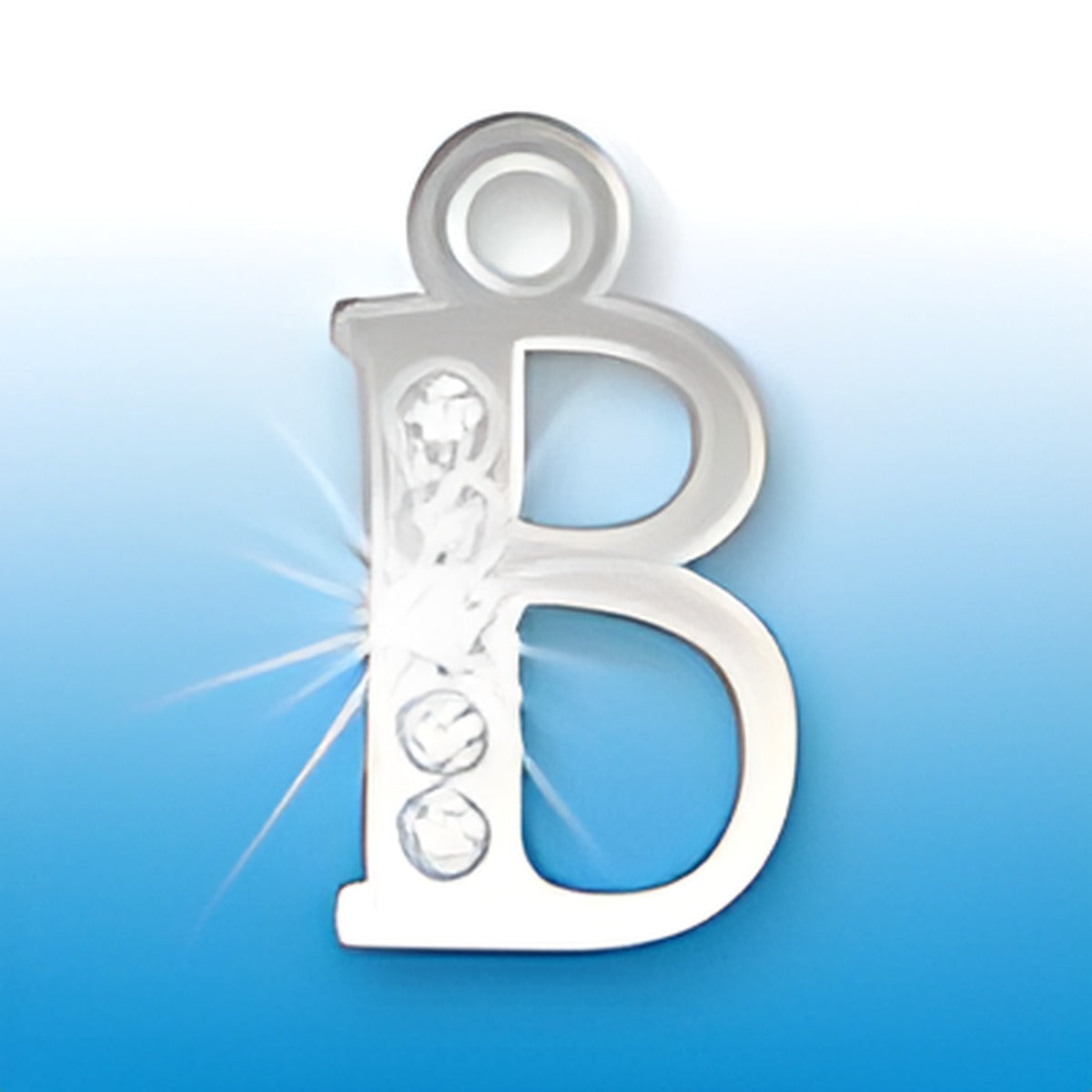 Sterling silver letter B initial charm adorned with crystals, featuring a shiny finish and a loop for attachment.