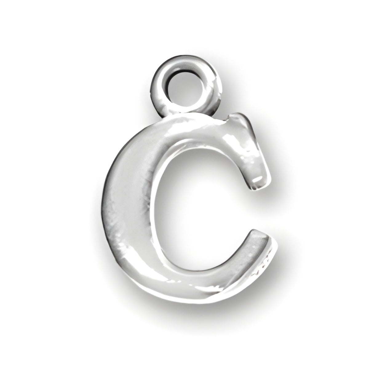 Sterling silver letter C charm with a polished finish, featuring a loop for attachment.