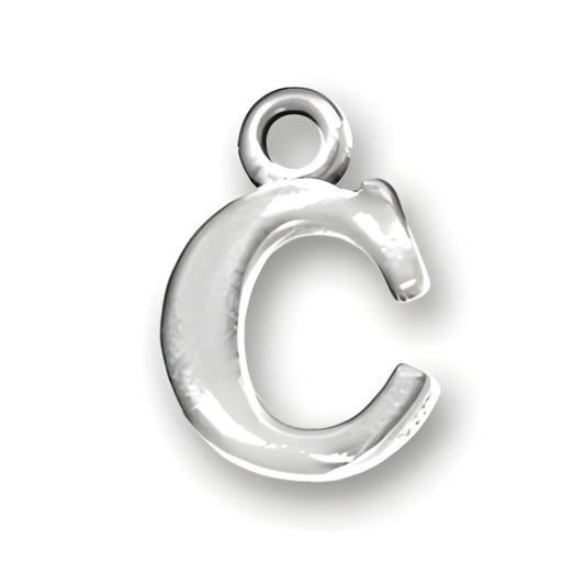 Sterling silver letter C charm with a polished finish, featuring a loop for attachment.