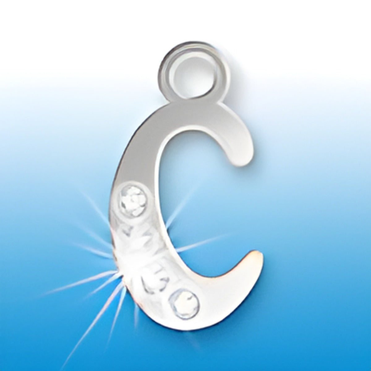 Sterling silver letter C initial charm adorned with crystals, featuring a shiny finish and a loop for attachment.